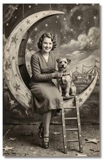 Vintage‑STYLE  ART  RPPC-LADY ON CRESCENT MOON WITH DOG CIRCUS BACK-FAUX PHOTO