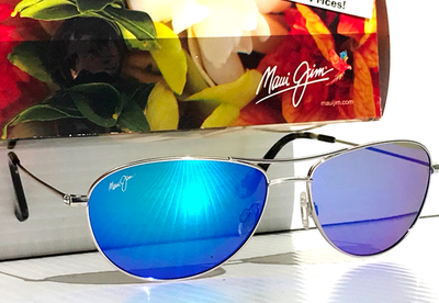 Maui Jim BABY BEACH Shiny Silver POLARIZED Blue Mirror Lens