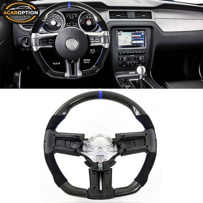 Fit 10-14 Mustang Steering Wheel Carbon Fiber Alcantara & Blue Stitch &Indicator