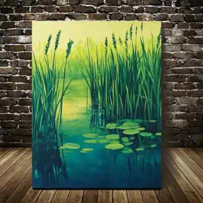Serene Green Aquatic Grass Meadow with Lilies Metal Print Ready to Hang