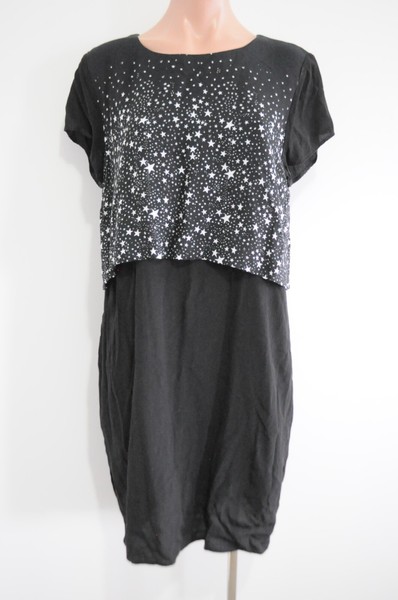 French Connection Layered Dress Womens 14 Black Shift Star Print Short Sleeve