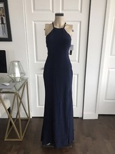 XSCAPE Strappy Criss Cross Back Halter Neck Evening Gown Dress Navy Size 4 $345