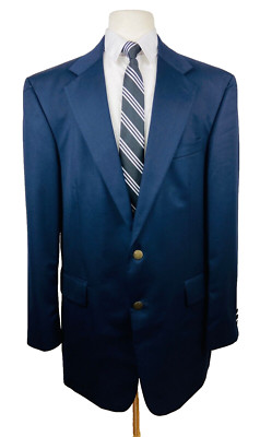 OSCAR DE LA RENTA Mens 44L Blue Gold Button Wool Blazer Sport Coat Suit Jacket
