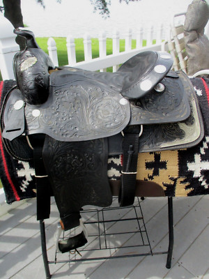 16'' SQH BUFFALO SADDLERY WESTERN SHOW SADDLE FLORAL TOOLED BLACK LEATHER