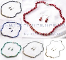 Charming 8/10/12mm Multicolor Shell Pearl Round Beads Necklace Earrings Set 18''