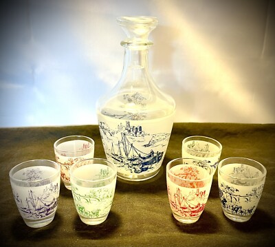 Vintage Luminarc France  Decanter & 6 Multi Color Shot Glass Set Pictorial 8pc