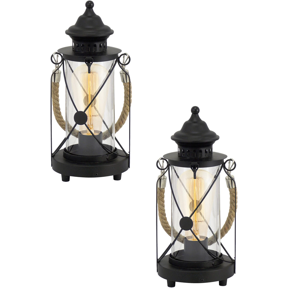 2 PACK Table Lamp Desk Light Black Steel Glass Lantern Shade 1x 60W E27