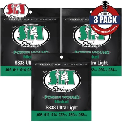 3-PACK SIT S838 Power Wound Nickel Ultra Light Electric Guitar Strings 8-38