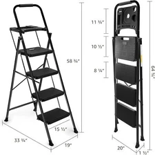 4-Step Ladder with Tool Platform, 330 lbs Capacity, Rubber Handgrip, Black, NEW
