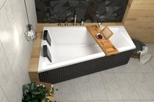 große Badewanne Wanne für ZWEI + Ablage Bambus 170x125 180x125 Kopfstütze links