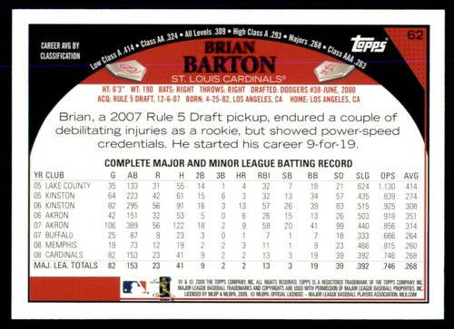 2009 Topps Baseball #62 Brian Barton - Bild 2 von 2