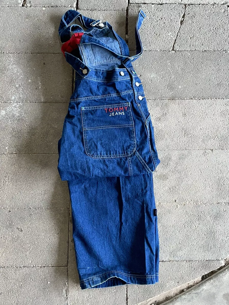 VINTAGE Tommy Hilfiger Denim Jean Bib Overalls BAGGY Embroidered LOGO Size  Large