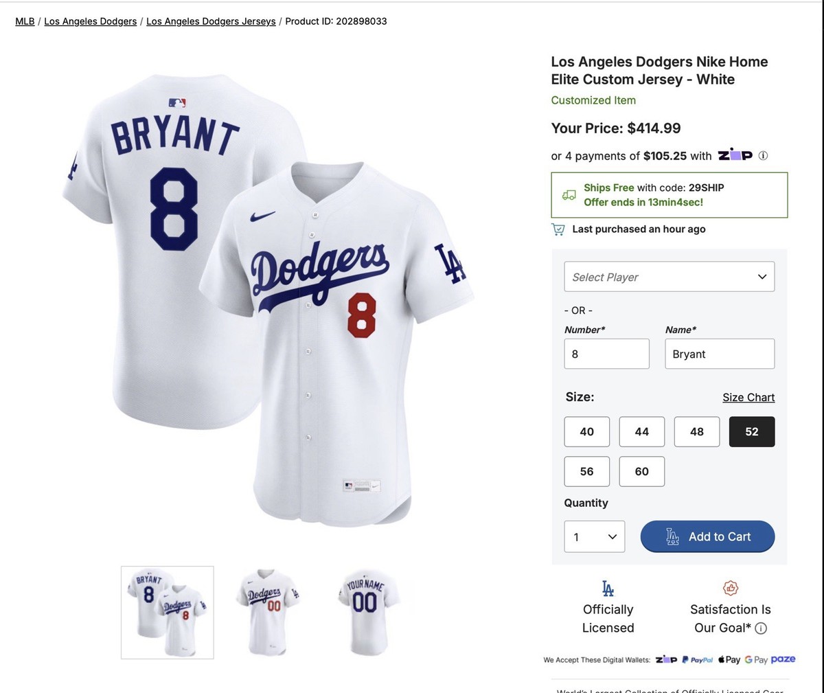 Kobe Bryant Los Angeles Dodgers Nike HomeElite Custom Jersey White