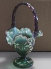 Fenton Glass New Century XXI Dragonfly Opalescent Green Purple Ribbed Basket