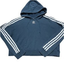 Adidas Cropped Hoodie Womens Sz Small Navy Blue Boxy Sweatshirt 3 Stripe Logo