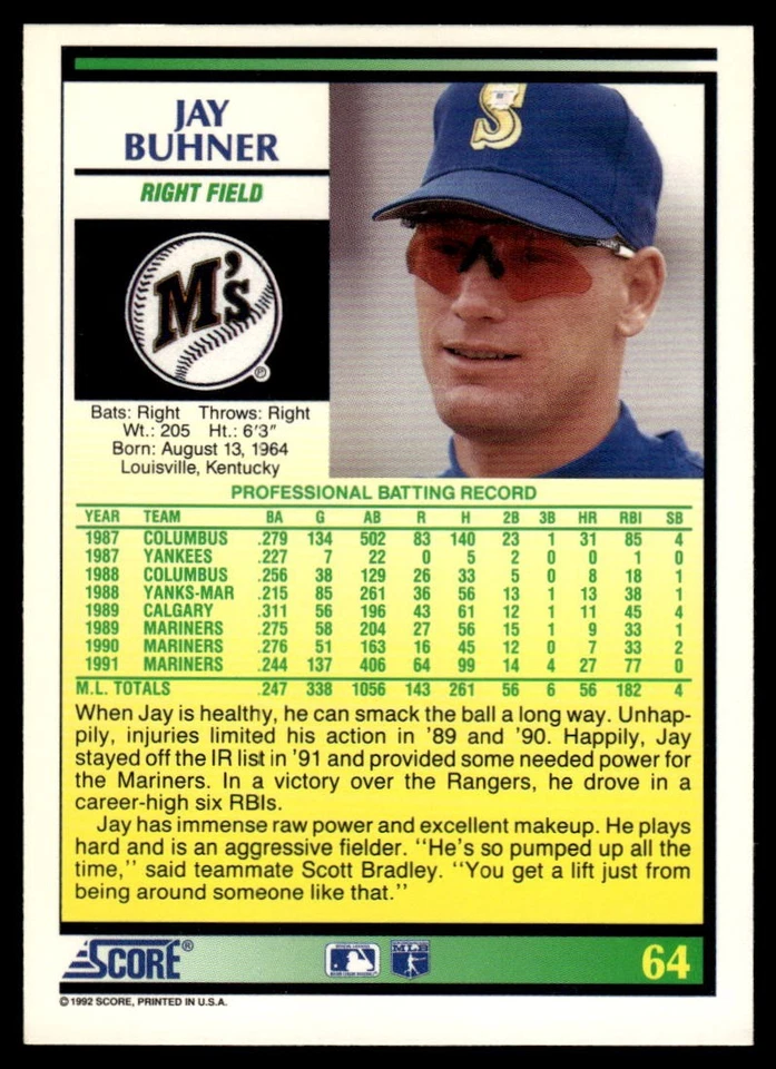 1992 Score #64 Jay Buhner - Image 2 of 2