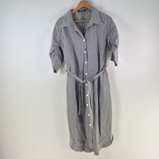 Sabatini shirt dress womens size S blue striped linen short sleeve belt 128625