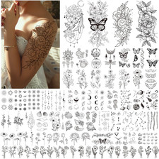 61 Sheets Temporary Tattoos for Women Girls - Black Flowers Wild Plant Butterfly