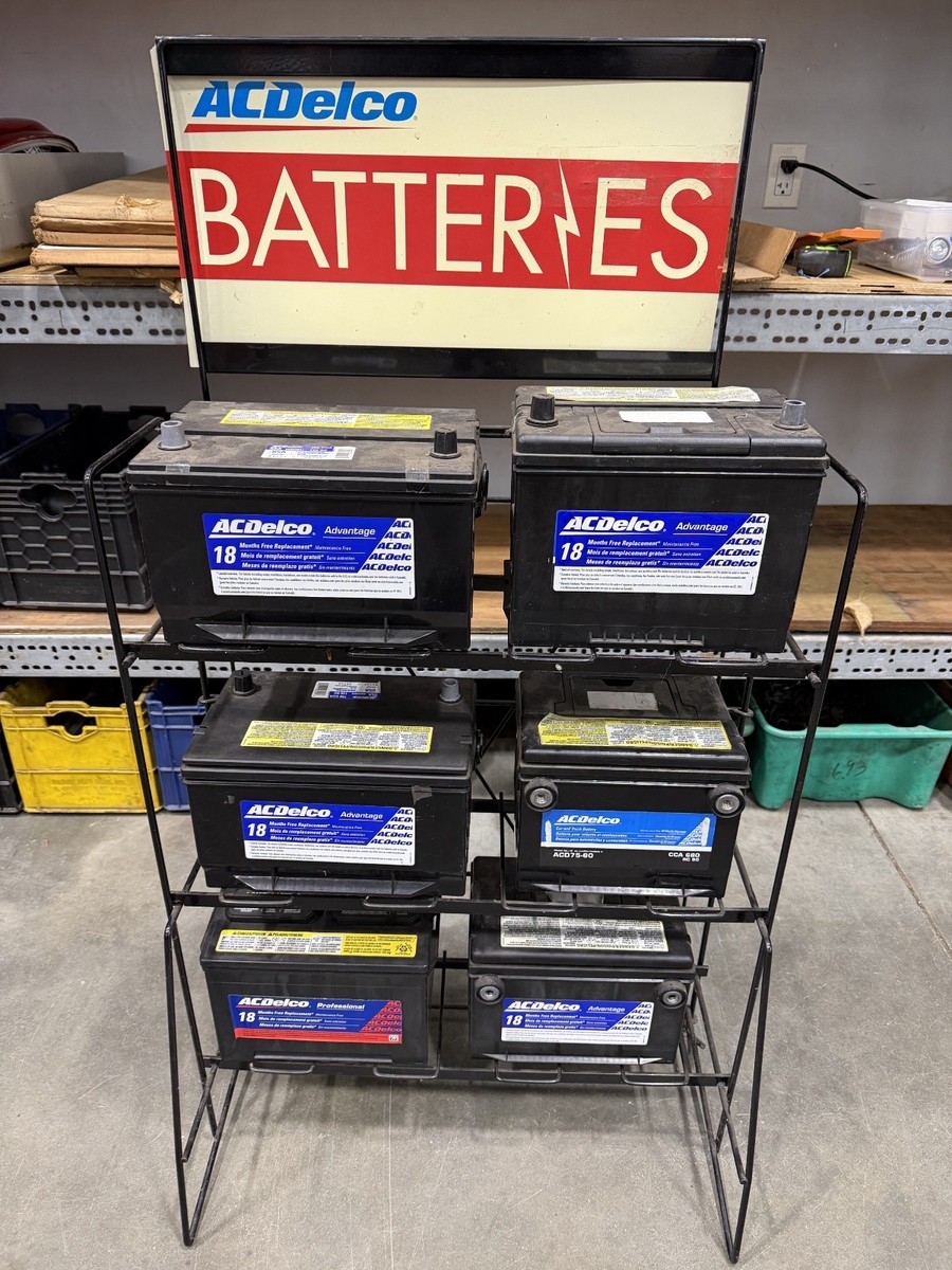 VINTAGE AC DELCO BATTERY DISPLAY RACK - 6 PLASTIC AC DELCO DISPLAY