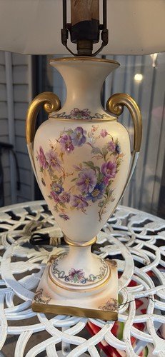 Floral hand painted porcelain lamp with gold accents - yes it works!