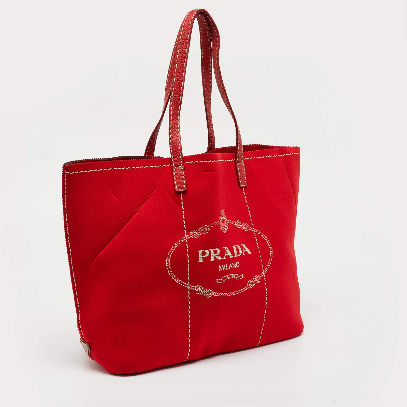 Prada Red Neoprene and Leather Logo Canapa Tote thumbnail 3