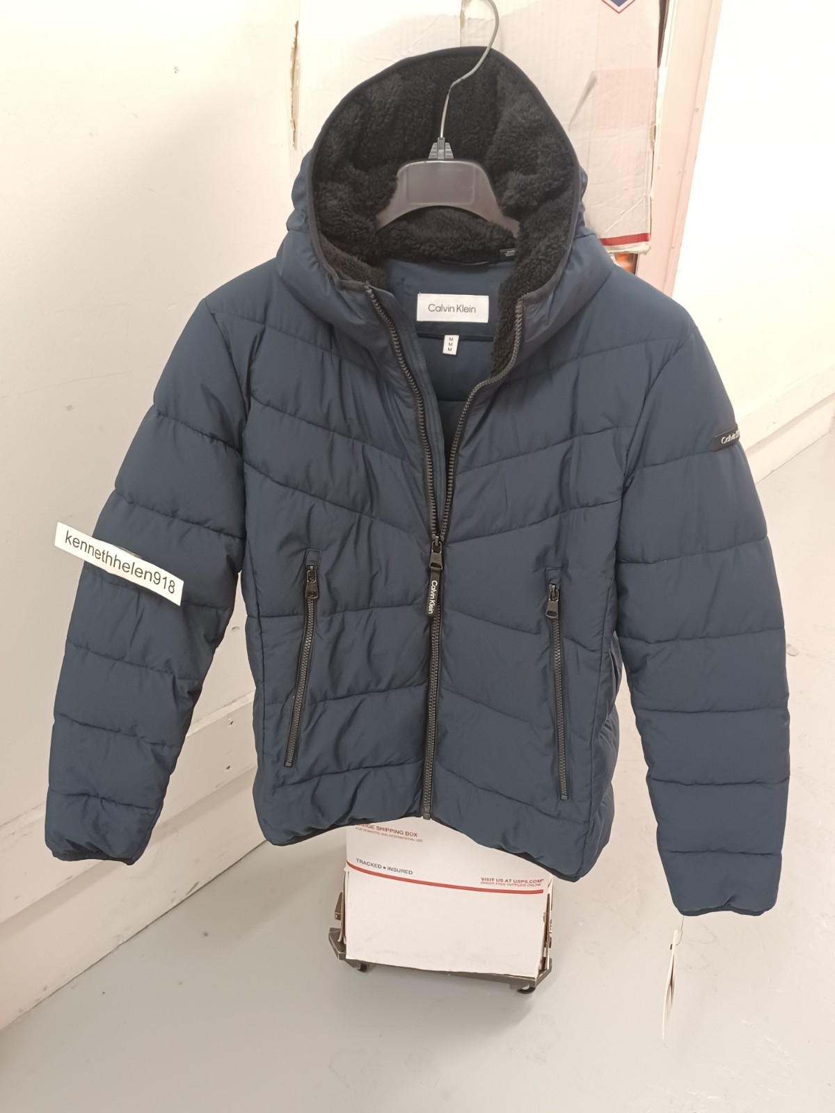 CALVIN KLEIN CHEVRON STRETCH JACKET WITH SHERPA LINED HOOD NAVY BLUE MENS SIZE L image 3
