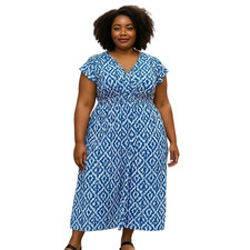 Shein Curve 3XL Blue & White Geometric Dress | Ruffle Sleeveless Elastic Waist