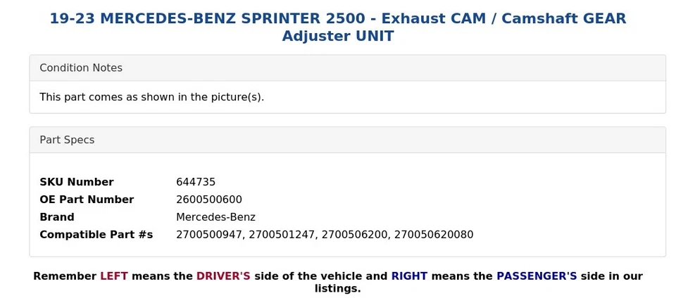 19-23 MERCEDES-BENZ SPRINTER 2500 - Ajustador de engranajes de árbol de levas / levas de escape Foto 3 de 4