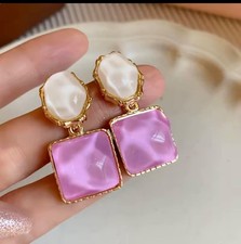 Gold-tone Purple & white drop earrings