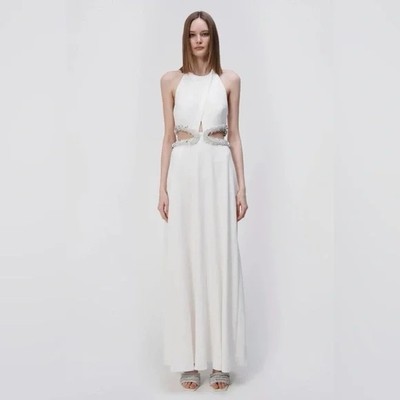 SIMKHAI Sandi Embellished Sequin Waist Cut-Out Halter Gown Maxi Dress Wedding