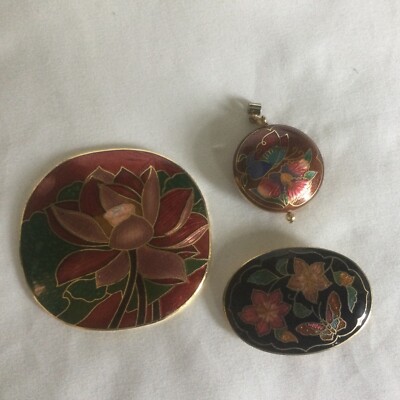 3 Piece Lot ASIAN CLOISSONNE FLORAL BUTTERFLY BUCKLE & PENDANT