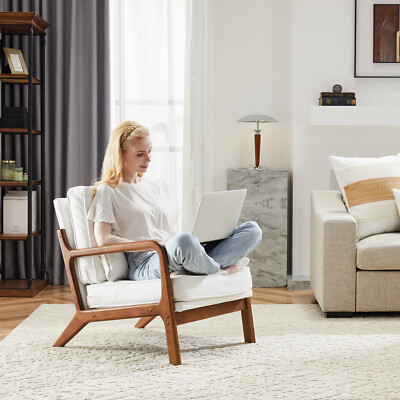 Accent Chair with Lumbar Pillow, Lounge Arm Chairs, Linen Fabric Reading Chair