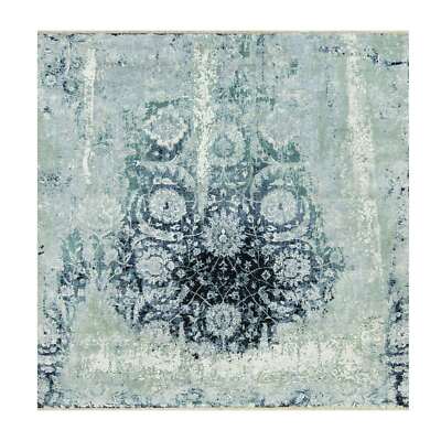 8'x8' Blue Hand Knotted Erased Zoroastrian Wool and Silk Square Rug R90482