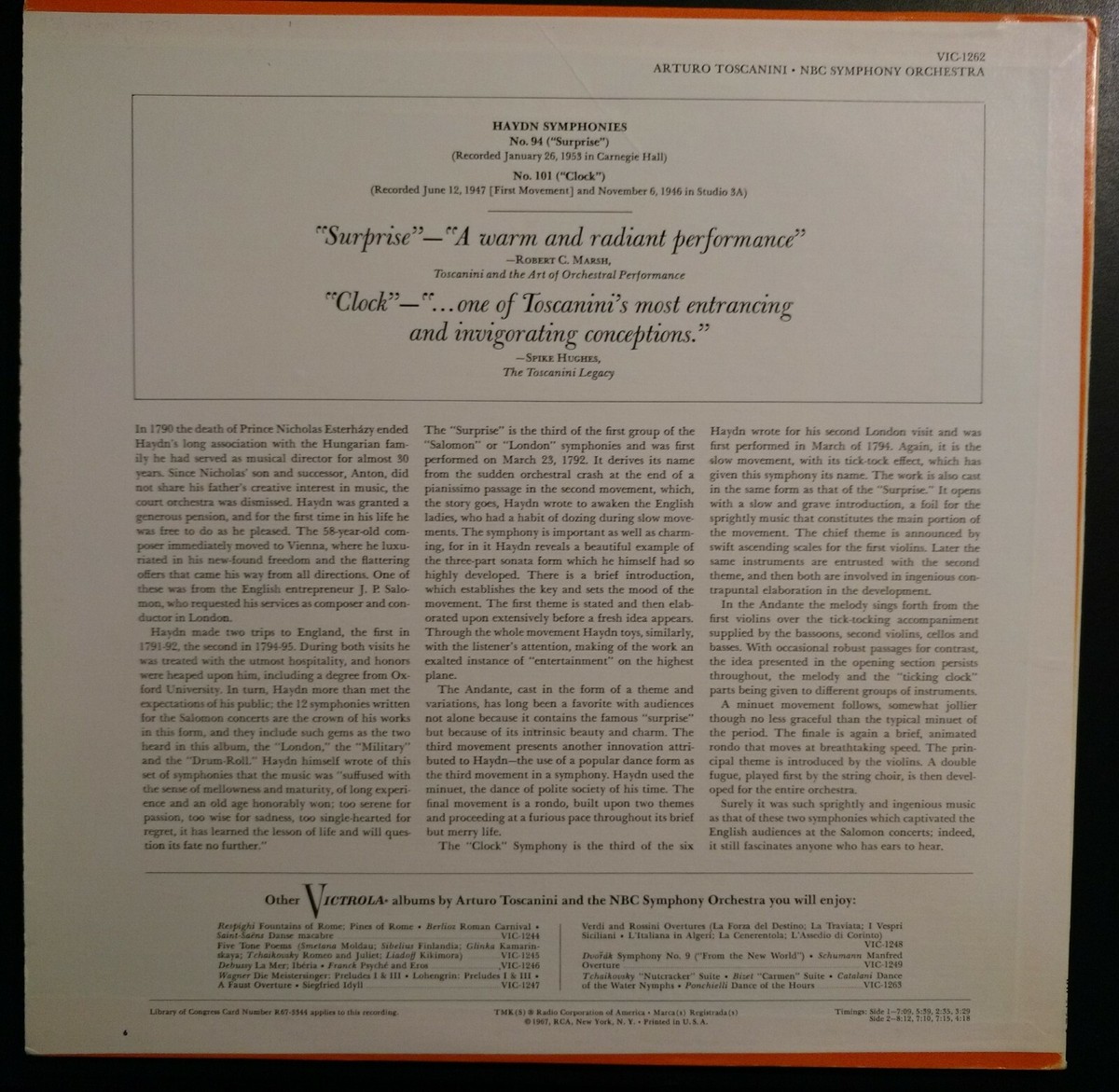 HAYDN-Symphonies Nos.94 and 101 Toscanini RCA VIC-1262 Near