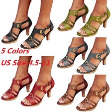 Womens Summer High Heels Sandals Buckle Block Open Toe Ankle Shoes Size 4.5-11