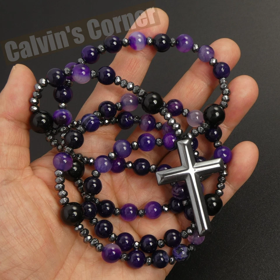 Purple Agate Black Onyx Bead Black Hematite Cross Rosary Necklace Men Women Gift - Image 4 of 4