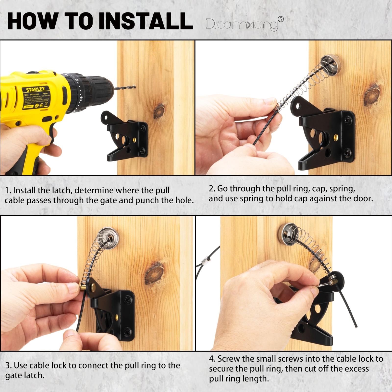 Self Locking Gate Latch with Spring Cable Pull Post Mount Lever Gate Fence Lock