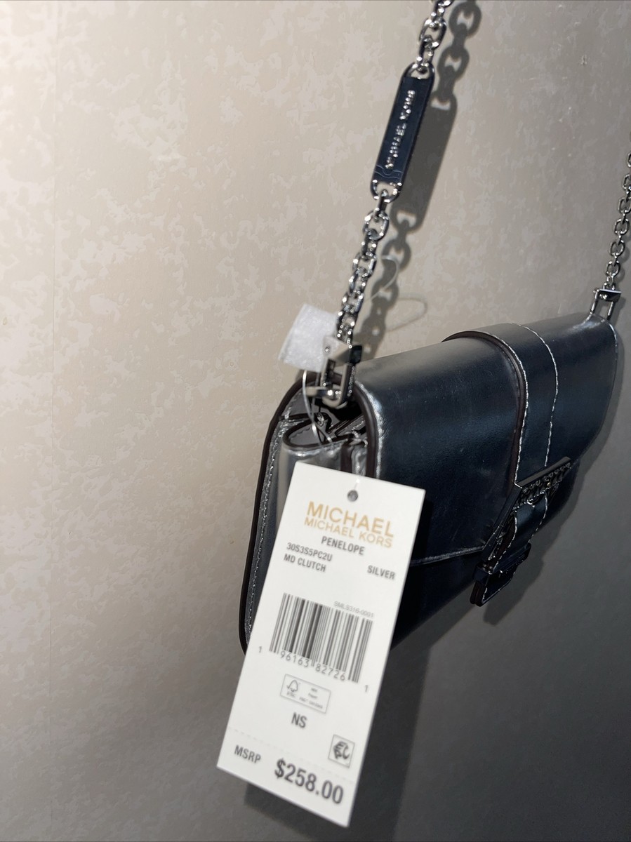 MICHAEL KORS PENELOPE Silver METALLIC FAUX LEATHER CLUTCH $258 | eBay