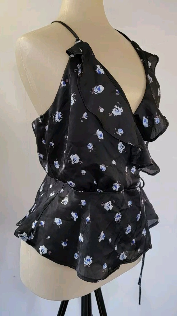 Black Satin Ruffled Blouse Sz Medium Small Blue Roses Wrap & Tie Womens