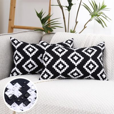 Black and White Outdoor Lumbar Pillows 12x20 Waterproof Set of Black  Porch