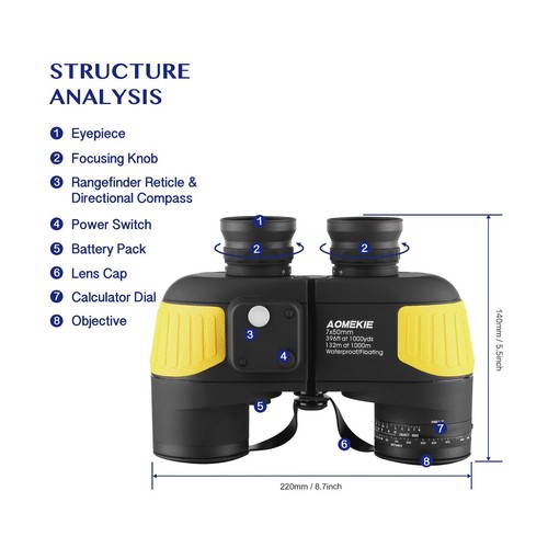 7X50 Marine Binoculars for Adults Military Waterproof Telescope with Compass - Picture 7 of 9