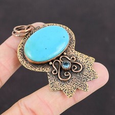 Oval Natural Arizona Turquoise Swiss Blue Topaz Copper Sister Pendant Jewelry