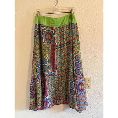 Multiples Womens XL Geometric Tile Print Maxi Skirt Lime Green Boho Tiered XL