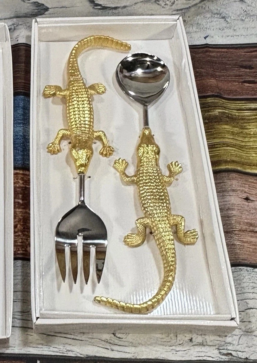 Alligator Serving Set Spoon and Fork Gold Tone Crocodile Server Set 🐊