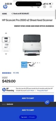 HP ScanJet Pro 2000 s2 Sheetfed Scanner Duplex ADF OCR USB 3.0 Energy Star