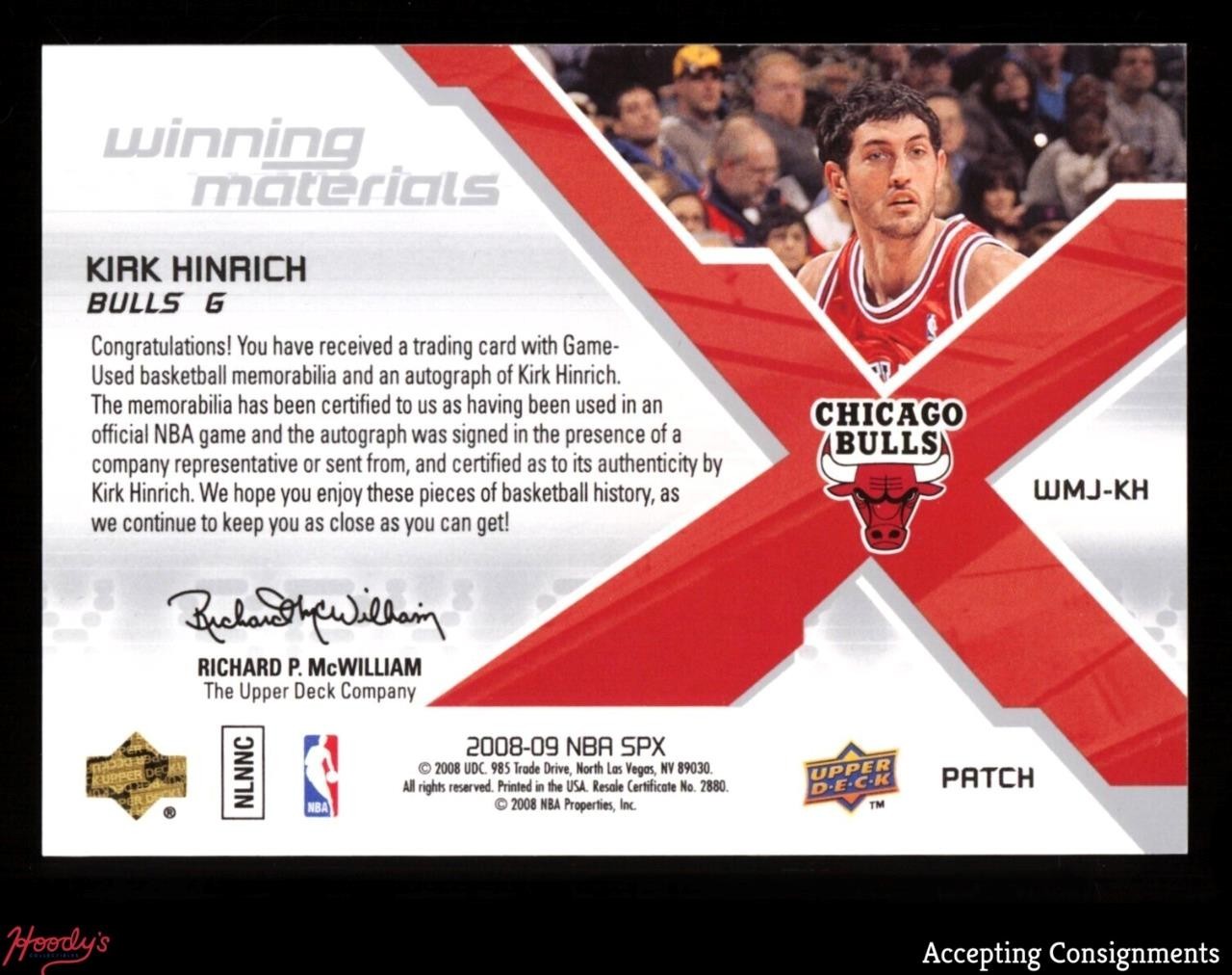 2008-09 SPx Winning Materials Kirk Hinrich DUAL GAME USED PATCH AUTO 4/5 Bulls view 2