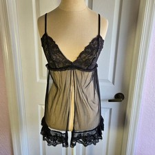 Victoria  s Secret Vintage Black Mesh Lace Babydoll Top Nightie Size M Lingerie