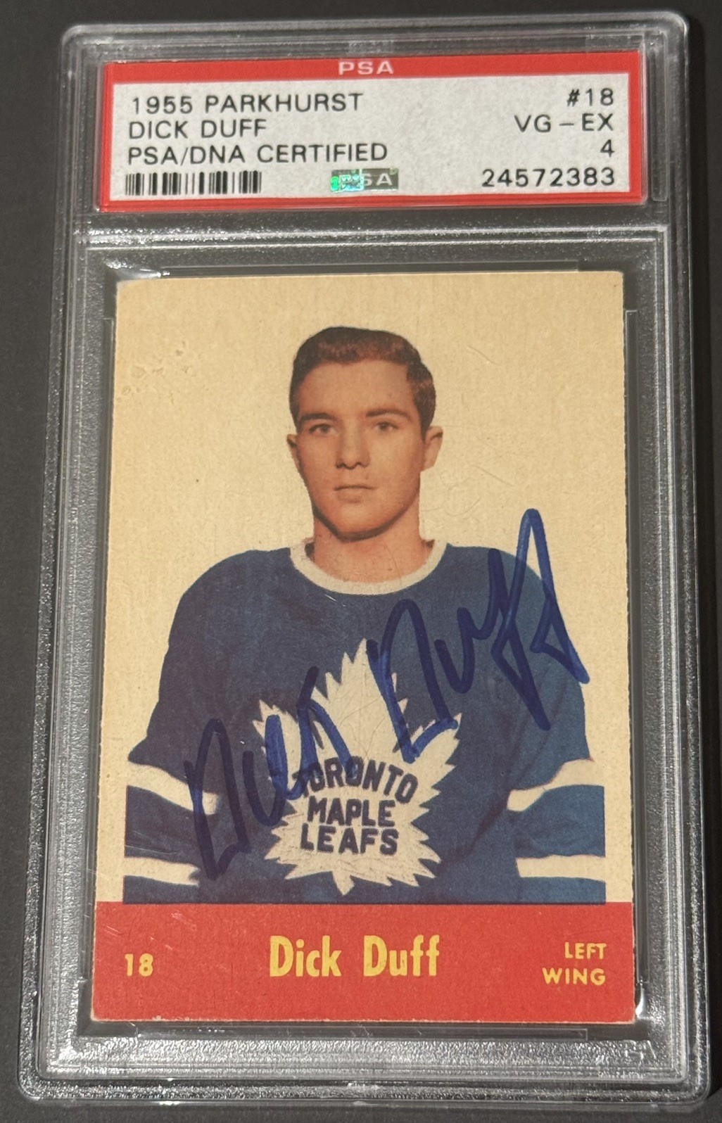 1955 Parkhurst #18 Dick Duff Signed HOF Rookie PSA 4 PSA/DNA Authentic Auto view 2
