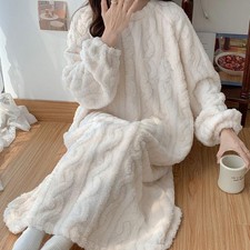 Winter Flannel Nightgown Women Long Sleeve Warm Thick Loose Cozy Sleepwear