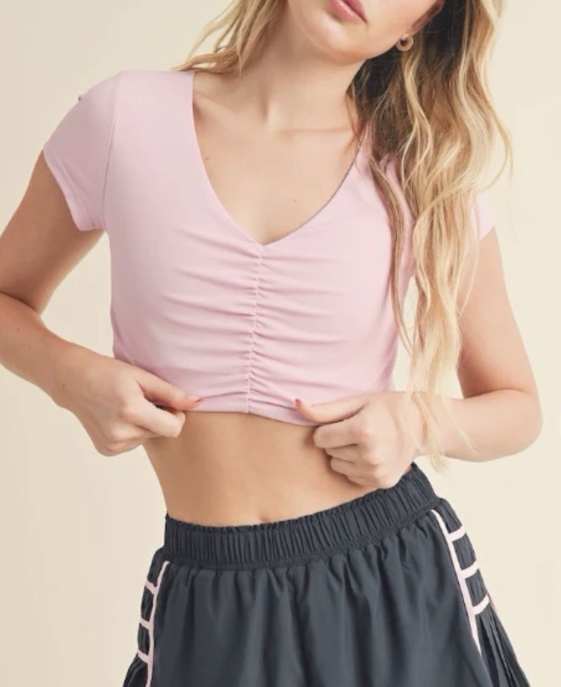 Urban Outfitters Light Pink V-Neck Ruched Short Sleeve Crop Top Size S